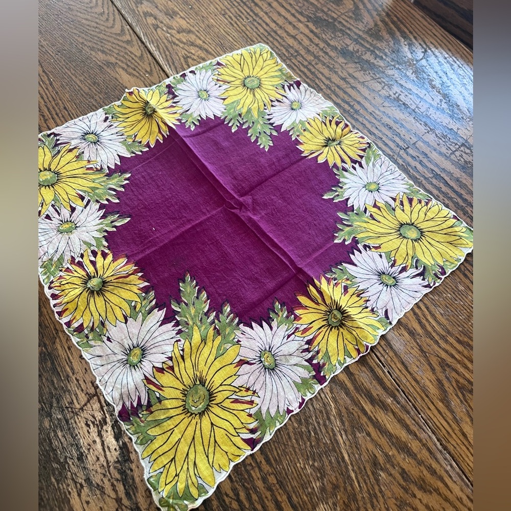 Vintage bright Floral Handkerchief with Yellow and Purple Accents